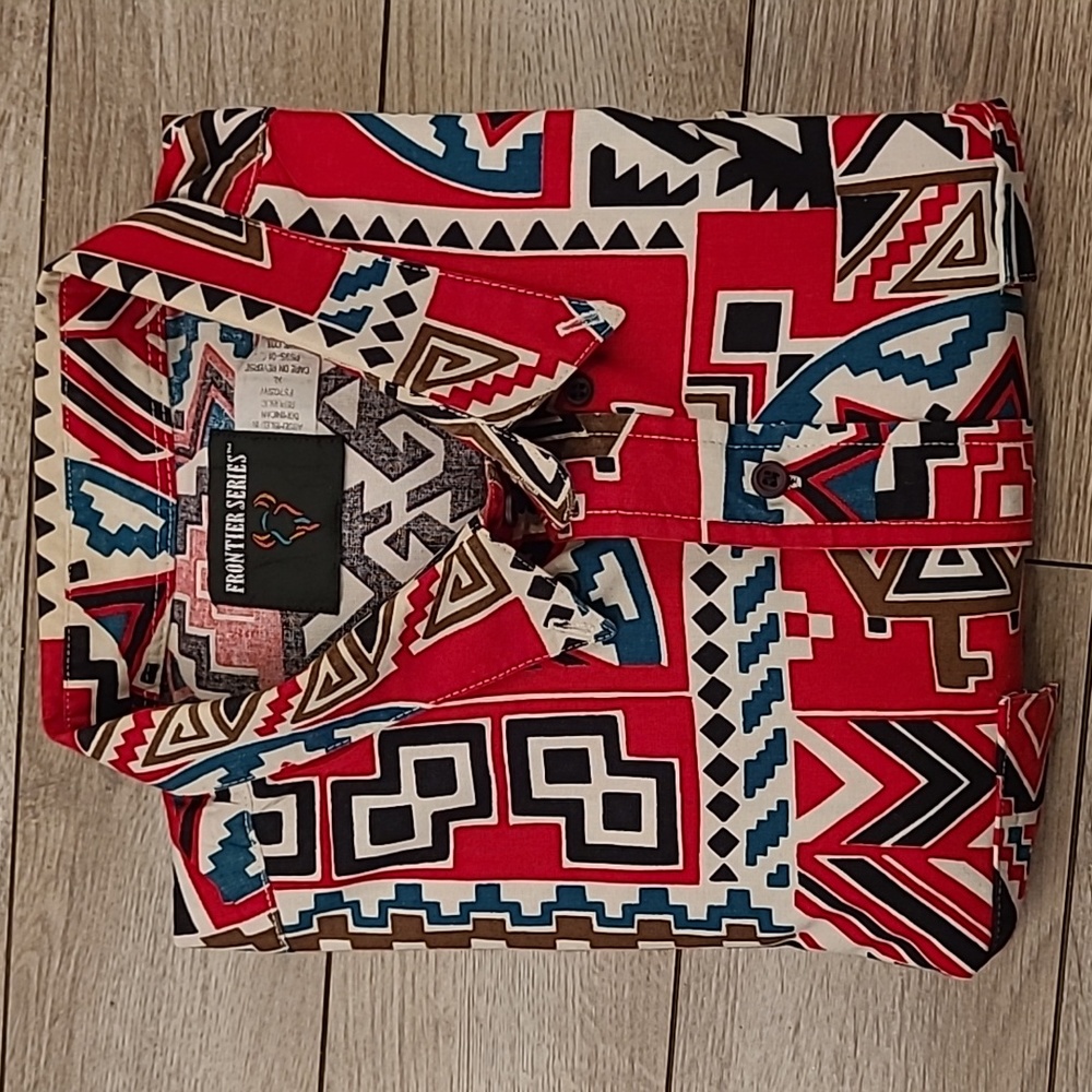 FRONTIER‎ SERIES Red Aztec Abstract Cotton Sz XL Western Long Sleeve Shirt RARE